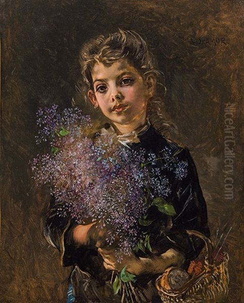 Girl With A Bouquet Of Lilacs Oil Painting by Anton Romako