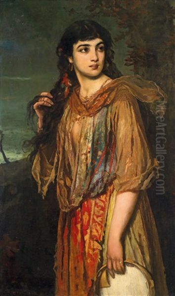 Gypsy Girl With Tambourine Oil Painting by Anton Romako