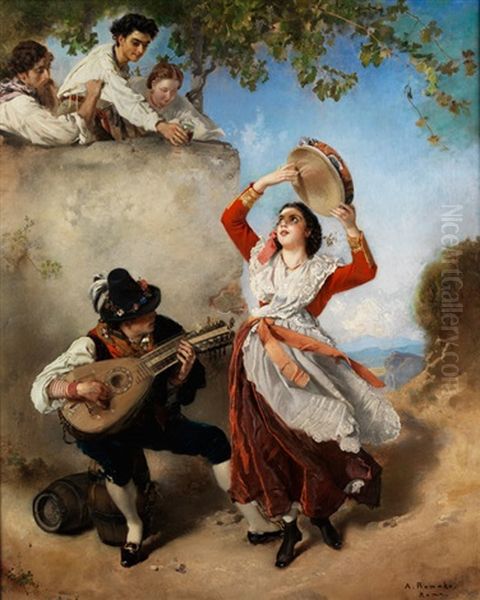 Romische Tarantella-tanzerin Mit Tamburin Und Einem Mandolinenspieler Oil Painting by Anton Romako