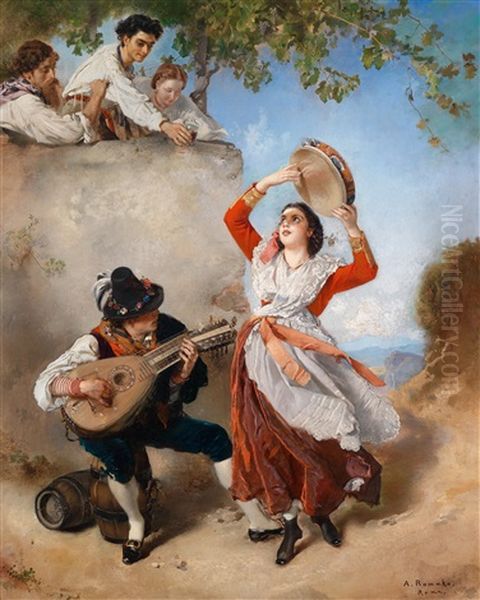 Tarantellatanzerin Und Mandolinenspieler In Frohlicher Gesellschaft Oil Painting by Anton Romako