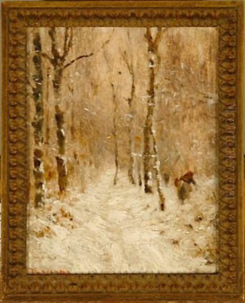 Winter Landscape With A Woman Gathering Firewood In Forrest Oil Painting by Anton Romako