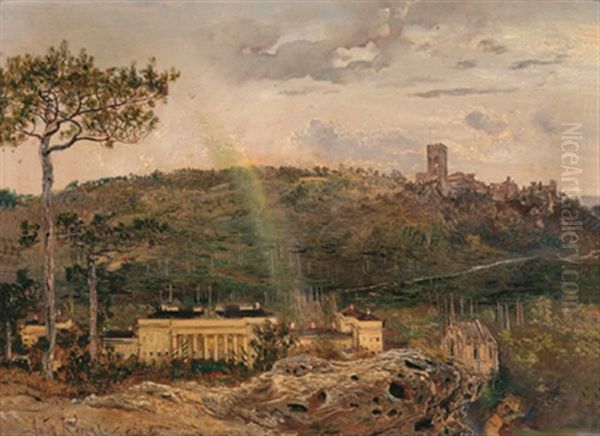 Die Weilburg Bei Baden Mit Der Cholera-kapelle, Im Hintergrund Die Ruine Rauheneck, Im Vordergrund Ein Regenbogen Oil Painting by Anton Romako