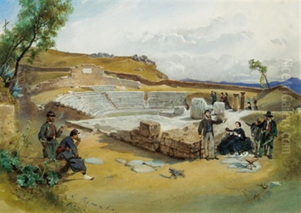 Selbstportrat Des Kunstlers Mit Seiner Frau Beim Picknick Im Romischen Theater In Frascati Oil Painting by Anton Romako