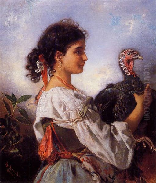 Peasant Girl With Turkey Oil Painting by Anton Romako