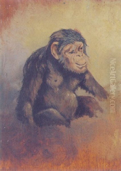 A Seated Chimpanzee Oil Painting by Anton Romako