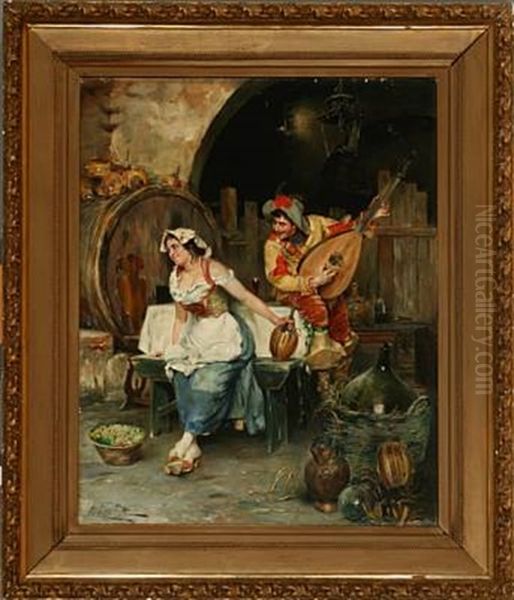 Inn Interior With A Man Flirting With A Woman Oil Painting by Alphonse Roman