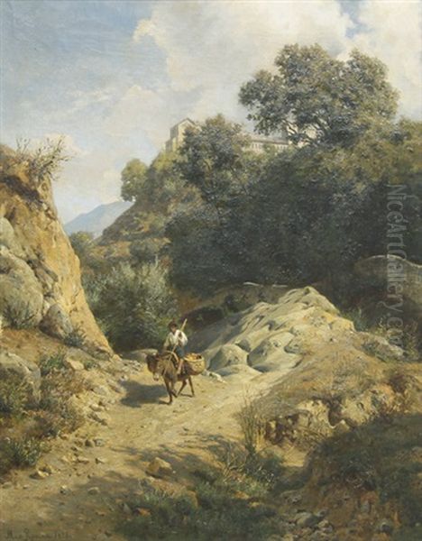 Italienische Gebirgslandschaft Mit Eselsreiter Bei Einem Kloster (montecassino?) Oil Painting by Max Wilhelm Roman