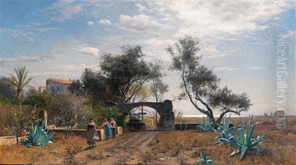 Italian Landscape With Women At The Well Oil Painting by Max Wilhelm Roman