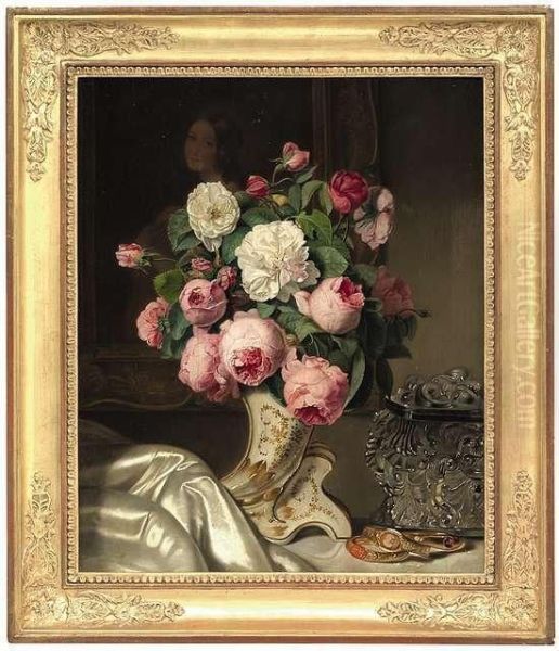 Stilleben Mit Rosa Und Weisen Rosen Oil Painting by Jozsef Borsos