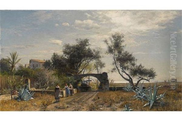 Italienische Landschaft Mit Frauen Am Brunnen Oil Painting by Max Wilhelm Roman