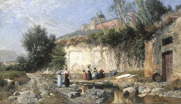 Italienische Landschaft Mit Frauen An Einem Brunnen Oil Painting by Max Wilhelm Roman