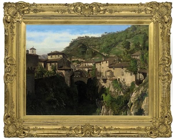 An Italian Hillside Town Oil Painting by Max Wilhelm Roman