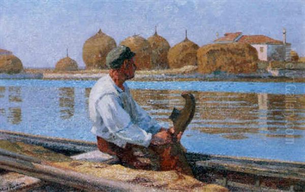 Man In A Boat Looking Across A Canal Oil Painting by Max Wilhelm Roman