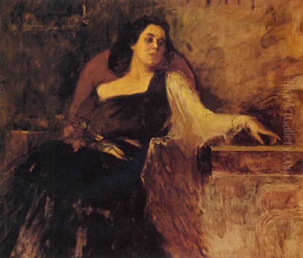 Mujer Sentada Con Flores by Leopoldo Romanach