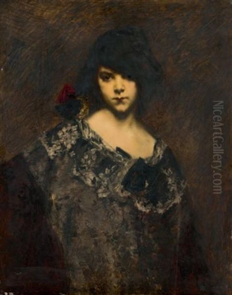 Portrait De Jeune Fille Au Noeud Rouge Oil Painting by Juana Romani