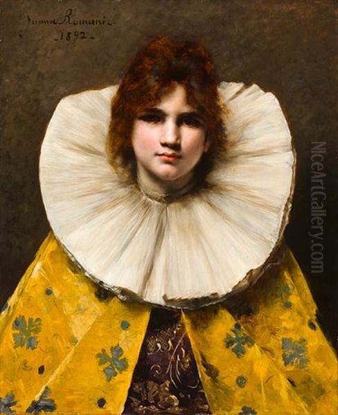 A Portrait Of A Young Girl With A Ruffled Collar Oil Painting by Juana Romani