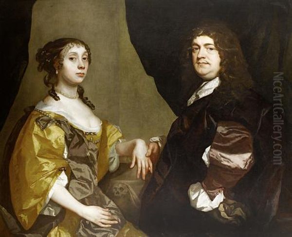 Portrait Of A Gentleman And His Wife, Bothhalf-length, He Wearing A Brown Tunic And Cloak And She Wearing Ayellow Satin Dress Oil Painting by Pieter Borsselaer