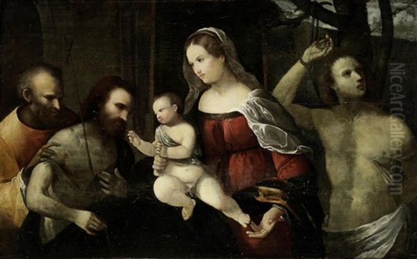 The Holy Family With Saints John The Baptist And Sebastian Oil Painting by  Romanino (Girolamo Romani)