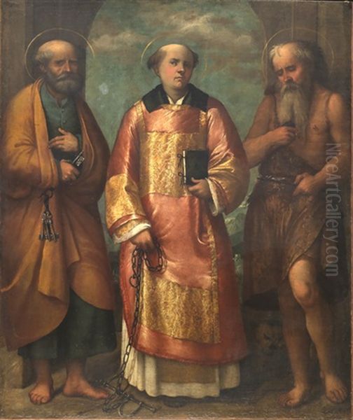 I Santi Pietro, Leonardo E Gerolamo Oil Painting by  Romanino (Girolamo Romani)