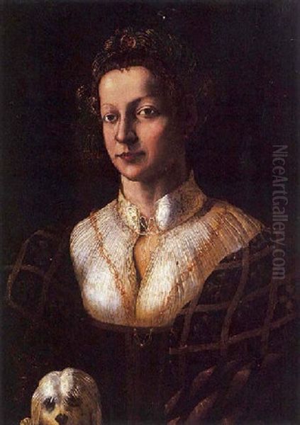 Portrait De Jeune Femme Avec Son Petit Chien Oil Painting by  Romanino (Girolamo Romani)