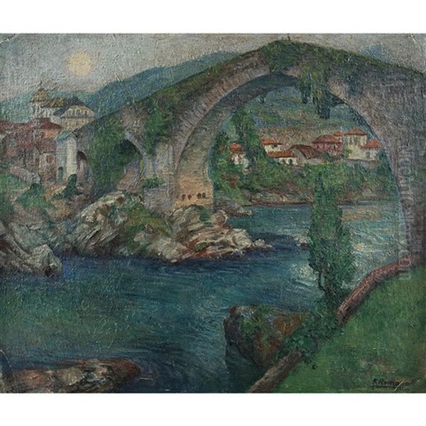 Puente Romano De Cangas De Onis, Asturias, Espana, 1934 Oil Painting by Francisco Romano Guillemin