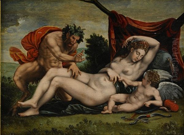 Venus Och Amor Och En Satyr Oil Painting by Giulio Romano