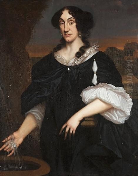 Portrait Of A Lady, Three-quarter-length, In A Black Dress With A White Lace Collar Oil Painting by Pieter Borsselaer