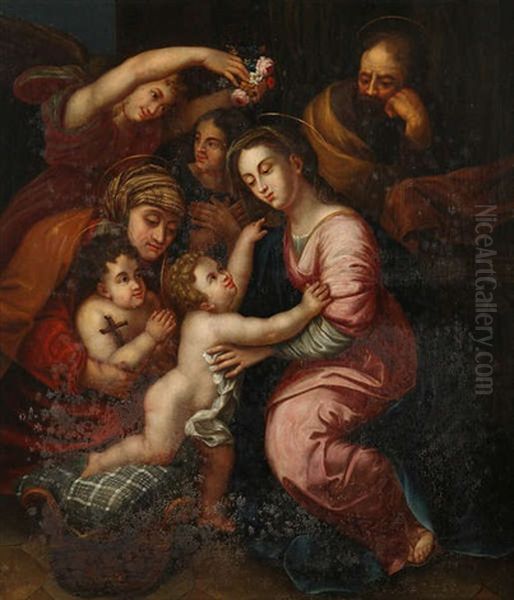 La Sainte Famille Entouree De Sainte Anne, Saint-jean Baptiste Enfant Et Deux Anges Oil Painting by Giulio Romano