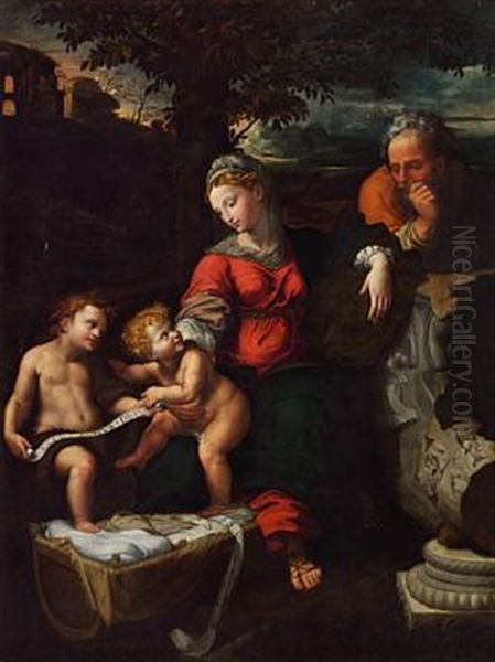 The Holy Family With The Infant St. John The Baptist Oil Painting by Giulio Romano