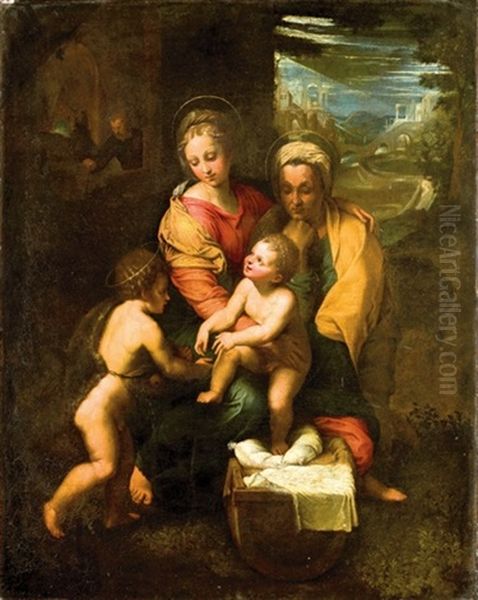 La Sainte Famille Avec Saint Jean-baptiste Enfant Et Sainte Elisabeth Oil Painting by Giulio Romano