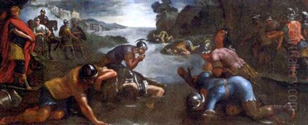 Soldiers Drinking At A River Oil Painting by Giulio Romano