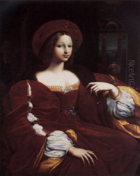 Portrait Of Dona Isabel De Requesens In A Red Velvet Dress And Headdress, A Woman At A Balcony Beyond Oil Painting by Giulio Romano