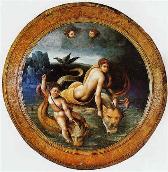 Anfitrite O Nereide Su Delfino Antropomorfo Accompagnata Da Eros Che Cavalca Un Mostro Marino Oil Painting by Giulio Romano