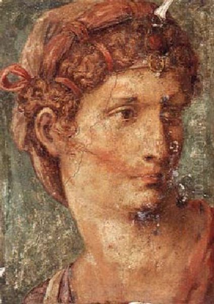 Head Of A Roman Woman, Wearing An Elaborate Headdress Oil Painting by Giulio Romano