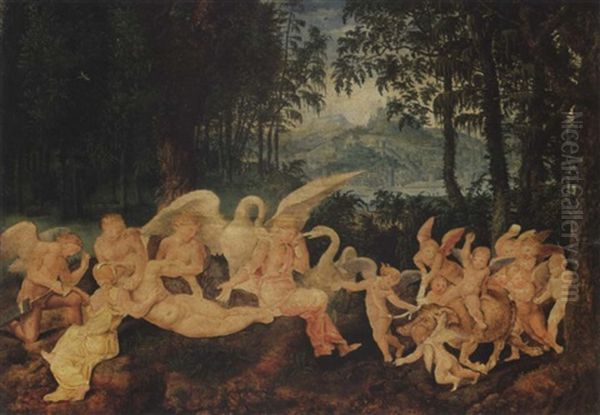 The Death Of Adonis In A Wooded Alpine Landscape, A River And Town On A Mountain Beyond by Giulio Romano