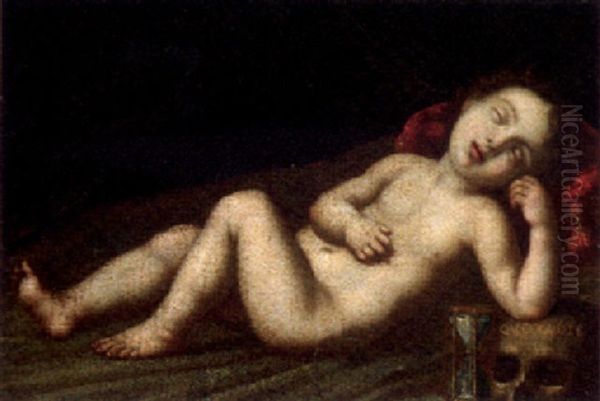 A Putto Sleeping By An Hourglass And A Skull Oil Painting by Giulio Romano