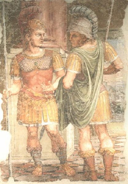 Two Roman Soldiers Conversing Oil Painting by Giulio Romano