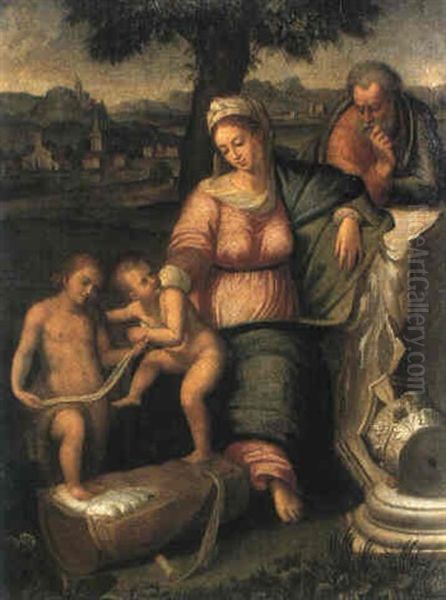 La Sacra Famiglia E S. Giovannino Oil Painting by Giulio Romano