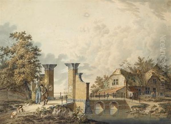 Sportsmen And Dogs At A Town Gate Oil Painting by Cornelis Borsteegh