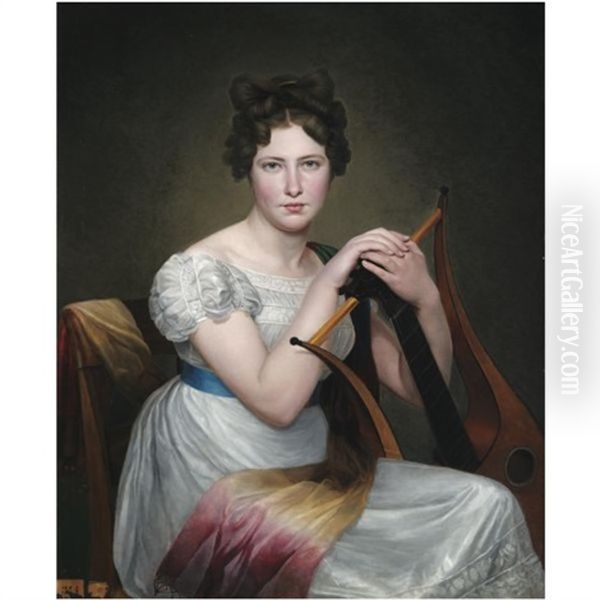 Portrait Of A Young Lady, Seated, In A White Dress, Holding A Lyre Oil Painting by  Romany (Adele Romanee)