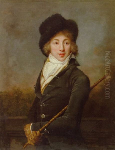 Portrait Of Auguste Vestris In A Dark Grey Velvet Jacket And Fur Hat, A Cane In His Right Hand, Standing Before A Landscape Oil Painting by  Romany (Adele Romanee)