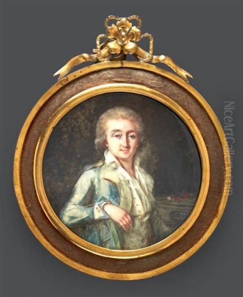 Portrait Du Compositeur Salvatore Cherubini, Une Plume D'oie Dans La Main Droite, Assis Devant Un Pianoforte, En Habit Vert, Chemise Entrouverte Oil Painting by Francois-Antoine Romany