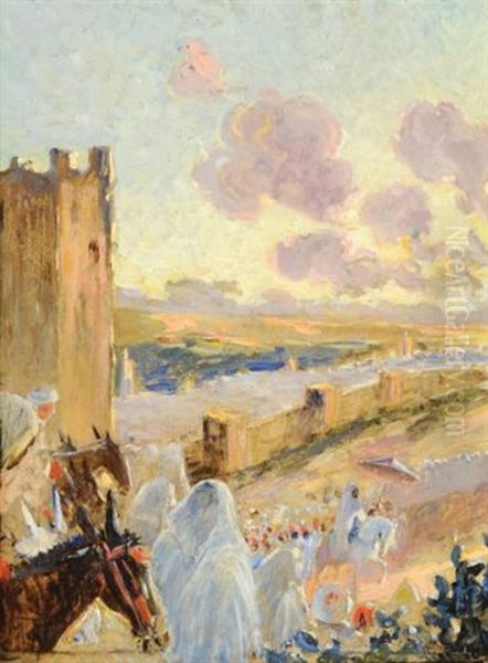 La Sortie Du Sultan (a Fes?) (+ Une Vue De Fes (study), Verso) Oil Painting by Maurice Romberg De Vaucorbeil