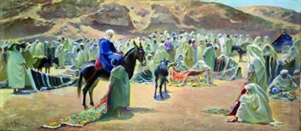 Le Marche Aux Tapis A Souk Al-khamis, Marrakech Oil Painting by Maurice Romberg De Vaucorbeil