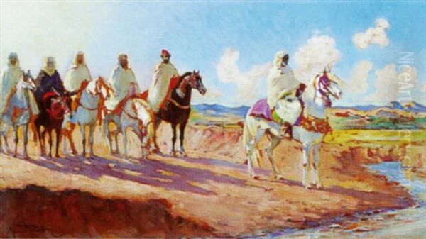 Cavaliers Marocains Oil Painting by Maurice Romberg De Vaucorbeil