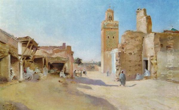 Place Animee A Marrakech Oil Painting by Maurice Romberg De Vaucorbeil