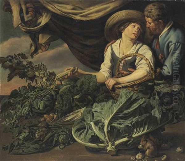 An Amorous Couple With Lettuce, Artichokes, Peas And Other Vegetables, With A Squirrel Oil Painting by Adriaen van Utrecht and Theodoor Rombouts