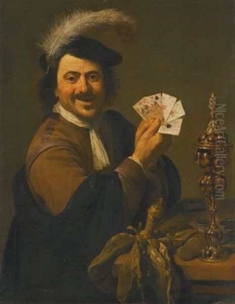 A Card Player Showing His Hand Oil Painting by Adriaen van Utrecht and Theodoor Rombouts