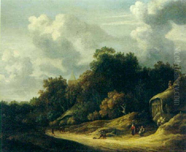 A Wooded Landscape With Peasants On A Sandy Track, A Village Church Beyond Oil Painting by Gillis Rombouts