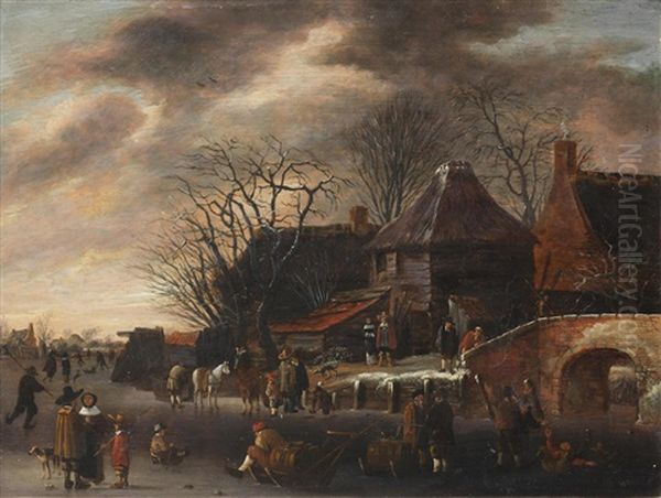 A Winter Landscape With Figures Ice Skating And Playing Kolf Oil Painting by Salomon Rombouts